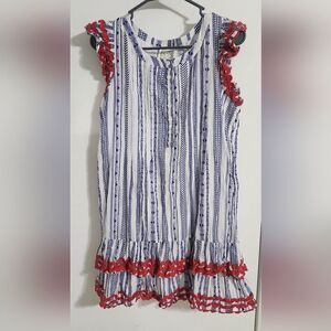 Sail to Sable Navy and White dress with Red Ric Rac Size L